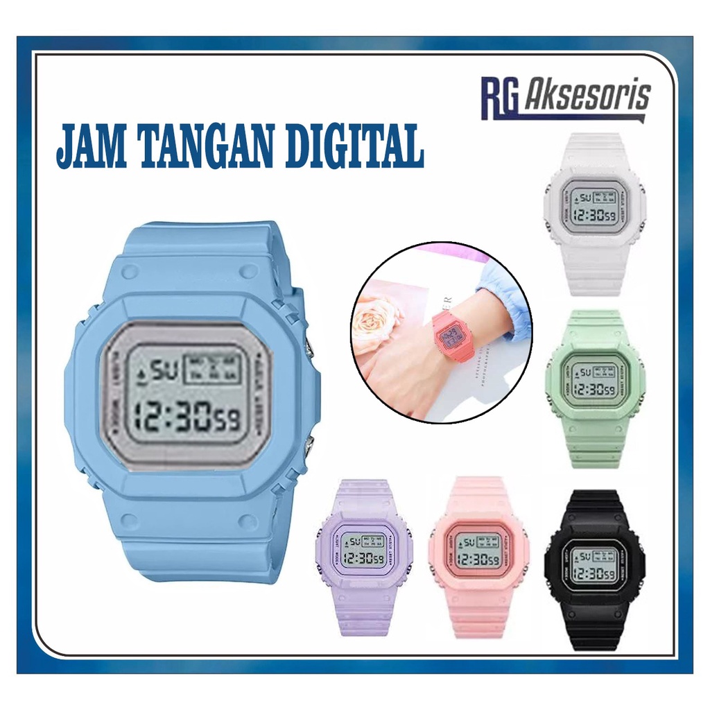 jam tangan segi digital strap rubber macaron karet led korea sport elektronik style couple pria wani