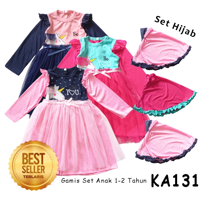 Set Gamis Hijab Muslim Bayi Anak Perempuan 1-2 Tahun Unicorn Princess Katun Baju Pesta KA131 Gaun Syari'i