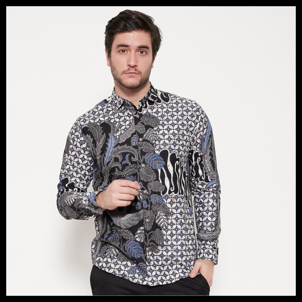 M231 Kemeja Pria Batik Katun Lengan Panjang Warna Hitam