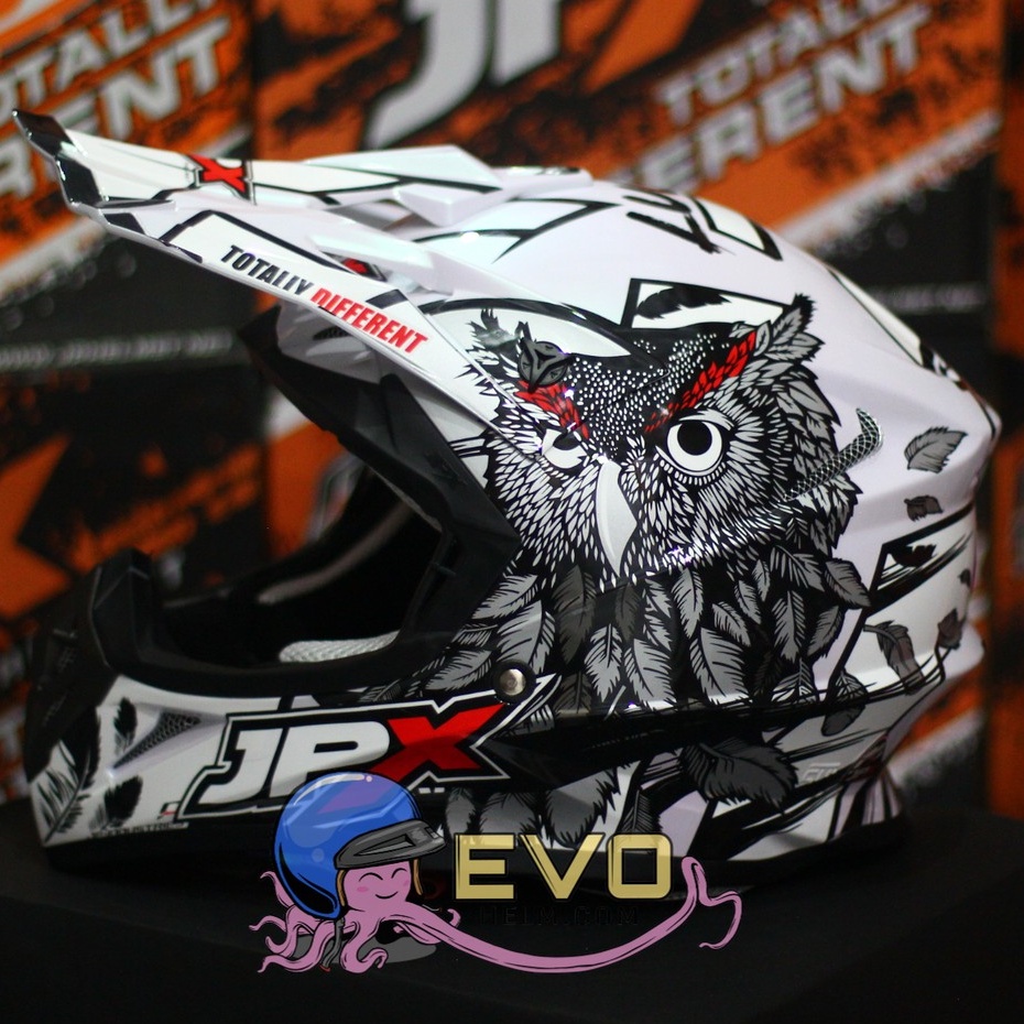 HELM JPX CROSS_FOX1 SERI  X13 - PEARL WHITE GLOSS + GOOGLE SNAIL (ONGKIR 2 KG) JPX X13 WHITE ORIGINAL HELM JPX MOTIF OWL BURUNG HANTU PAKET GANTENG GOOGLE SNAIL JPX HELM TRAIL ADVENTURE KLX X13 BURUNG HANTU HELM JPX TERBARU