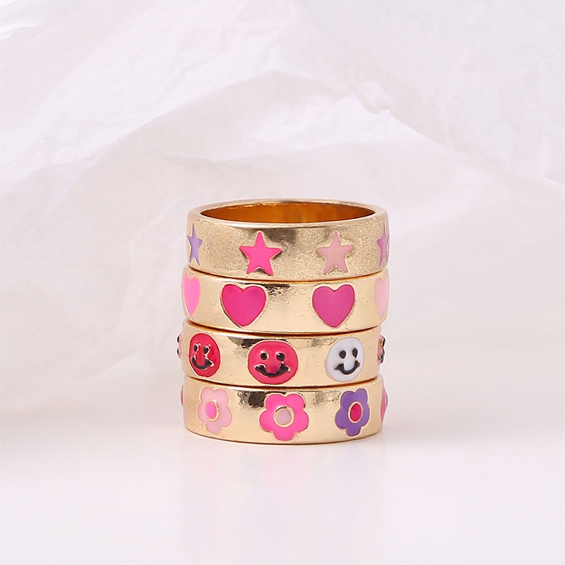 Fashion Sederhana Macarons Bohemian Kartun Cincin Cinta Smiley Bunga Bintang Seri Cincin Pasangan - olo