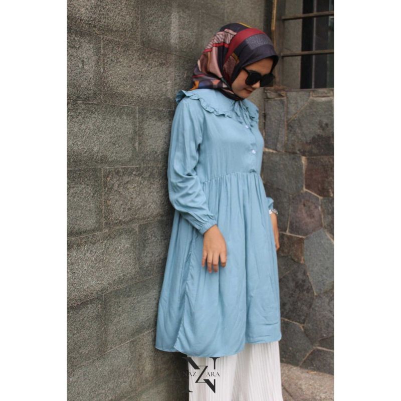 Pakaian Muslim Wanita - Kyra Midi Dress Rayon / Tunik Busui Kekinian/ Kerah Ala Korean Style Terlaris 2022