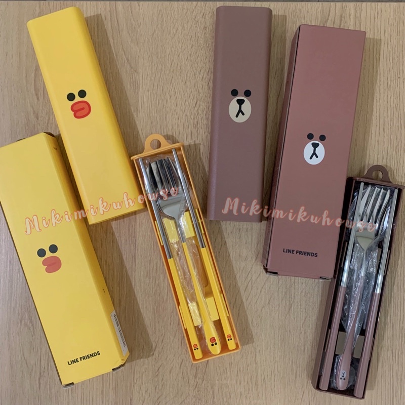 OFFICIAL LINE FRIENDS CUTLERY SET + CASE CHOPSTICK SPOON SUMPIT FORK GARPU SENDOK MAKAN BROWN SALLY 