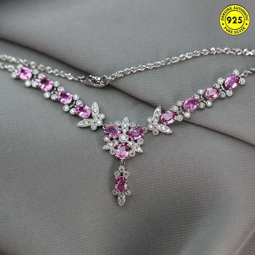 Set Kalung Rantai Full Berlian Desain Kupu-Kupu Warna Pink