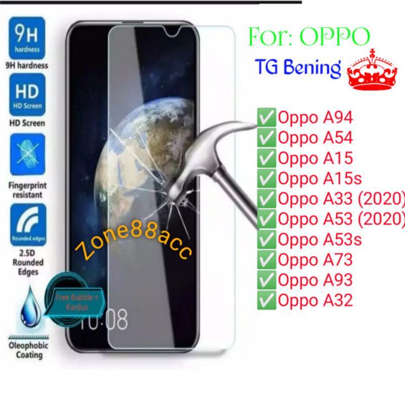 Antigores Bening Oppo A94 A54 A15 A15s A33 A53 A53s A73 A93 A32 Tempered Glass Screen protector TG