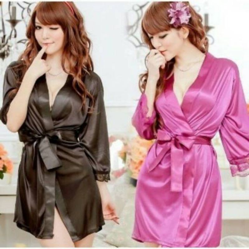 Kimono Baju Tidur Bathrobe Satin Renda Halus + Gstring Lingerie Nightgown