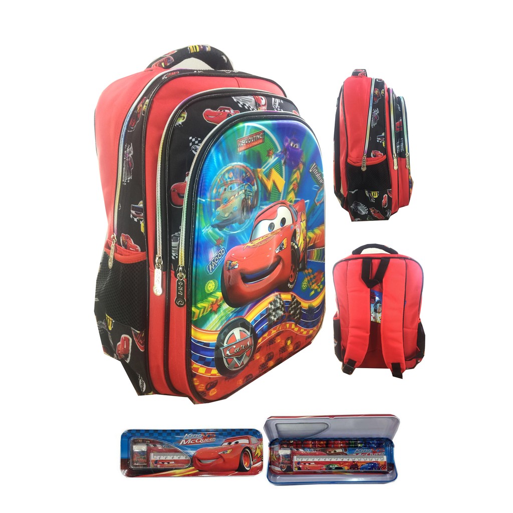 Tas Ransel Sekolah Anak SD 5 Dimensi Gambar Rubah Rubah Cars Lightning McQueen 3 Kantung IMPORT S