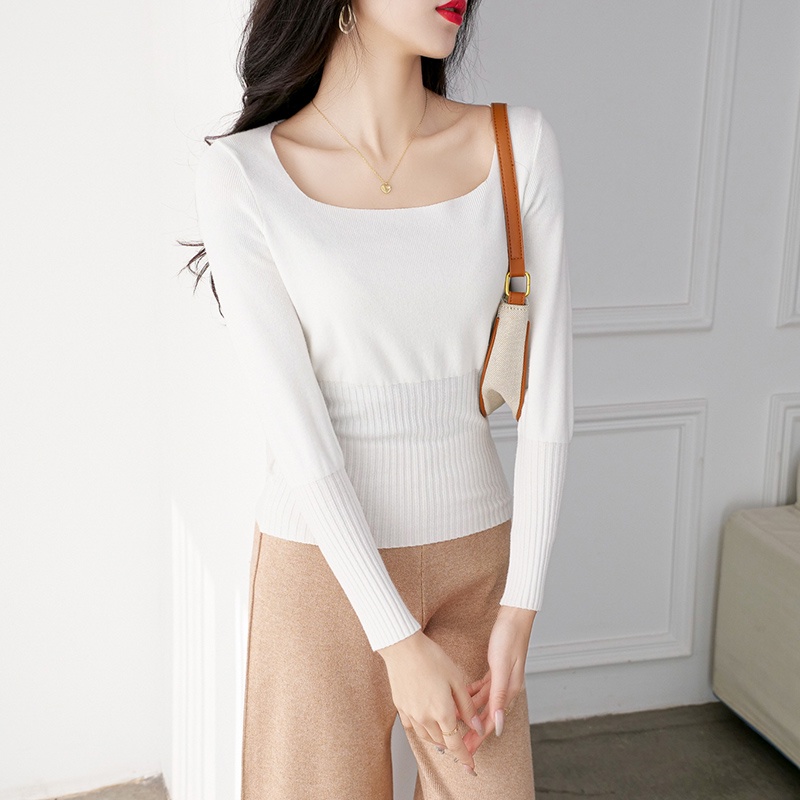 【Elegant】Fashion Plain Casual Square Neck Long Sleeve T-Shirts 7370