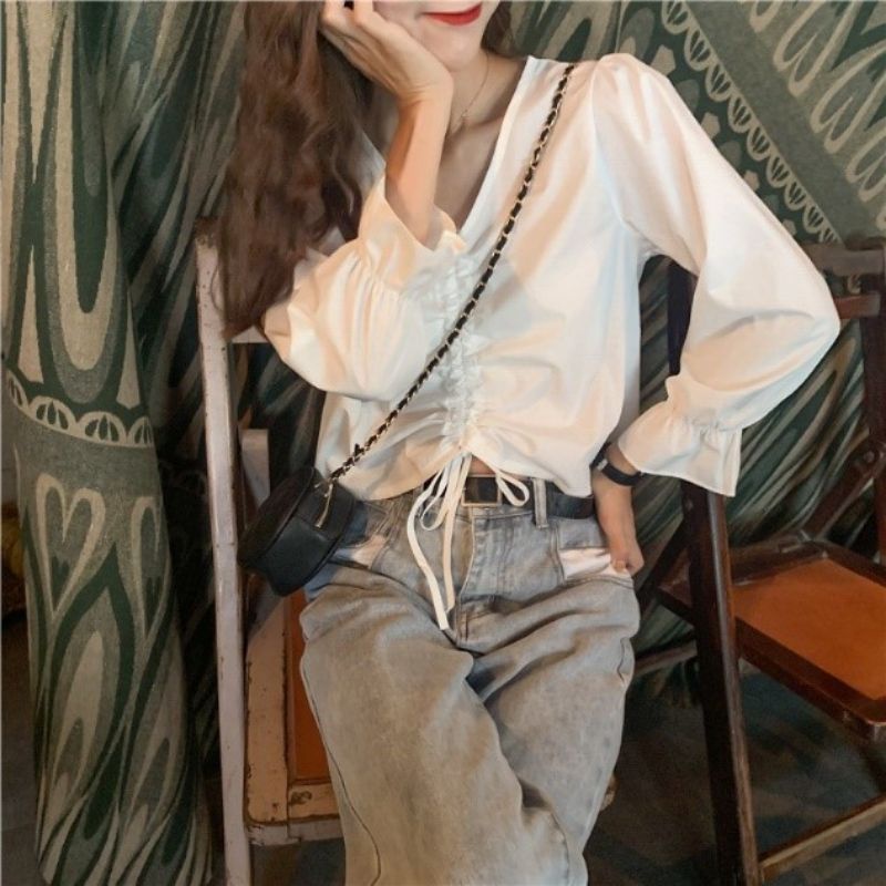 kerut blouse lengan panjang long Sleeve// lengan balon kerut vneck ilzzang serut crop tali depan