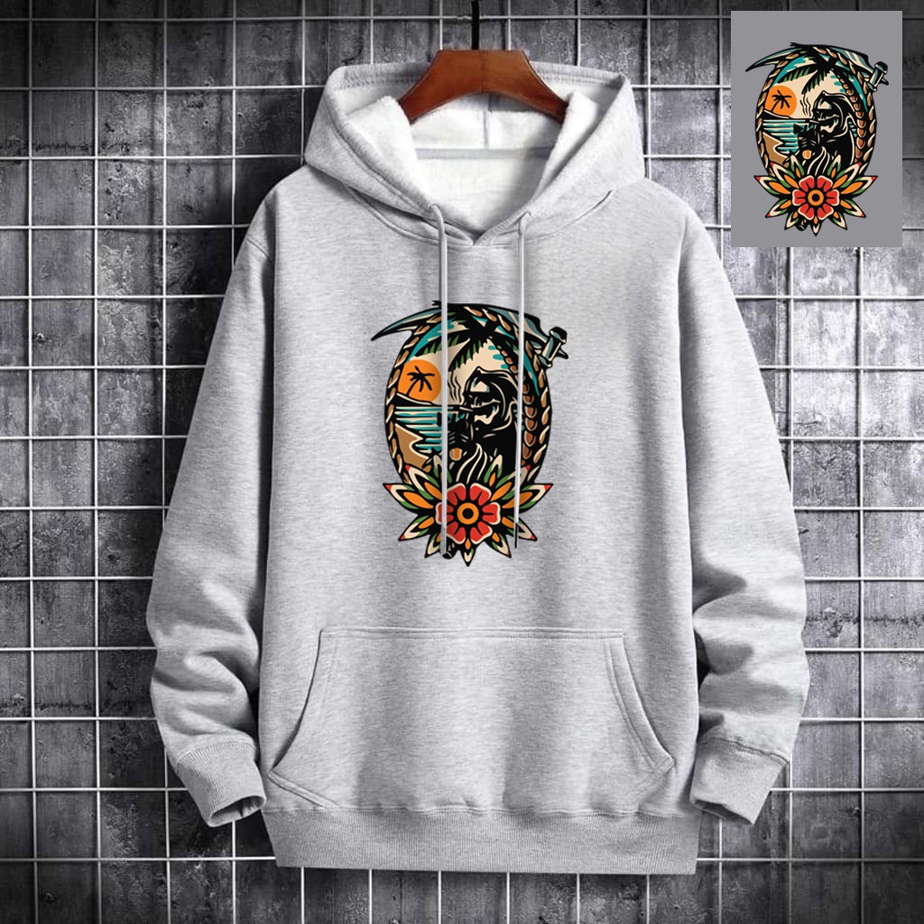 INDOSAN-SWEATER HOODIE BEACH SKULL-HOODIE DISTRO BAHAN FLEECE MOTIF GAMBAR DTF PRINTING-REAL PICT-BISA COD