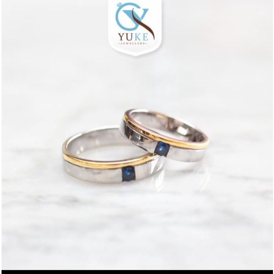 Cincin Kawin Cincin Couple Bahan Silver/Perak Silver & Gold Combination With Blue Sapphire Stone Cin