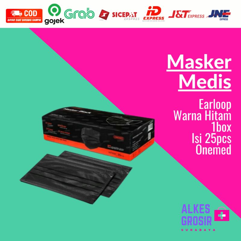 Masker Medis Bedah Karet Earloop 3ply Isi 25pcs ONEMED Warna Hitam Black Tebal Anti Air Murah