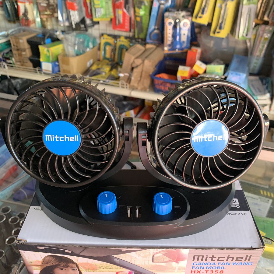 Kipas Angin Mobil 12V 12Volt MITCHELL Dual Fan 2USB 2A Swing Kipas Mobil Double Fan