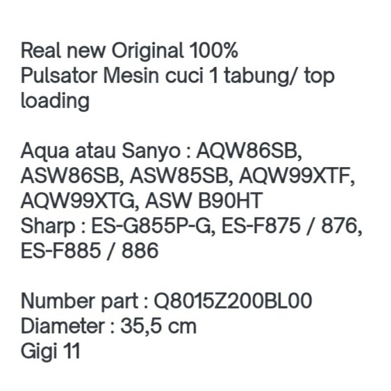 pulsator mesin cuci aqua sanyo aqw89xtf aqw99xtf