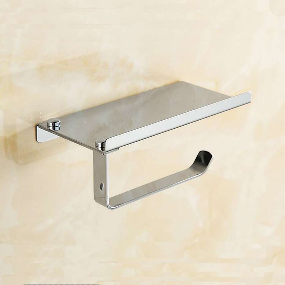 Holder tisu gulung roll tissue Wall Tembok dinding toilet WC Stainless Steel Anti karat Tahan lama dengan tatakan kecil  untuk barang HOUSEEN Gantungan Tempat Tisu Toilet Stainless Steel H226 Warna Silver Wall Mount Toilet Paper Holder with Phone Shelf