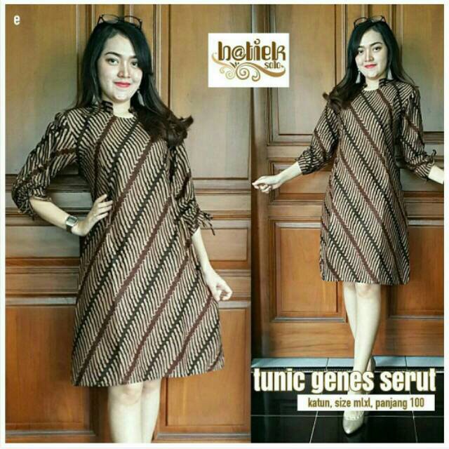 Tunik Genes Serut Dress Batik Sogan Modern Long Dress Seragam Kantor Pesta Muslim