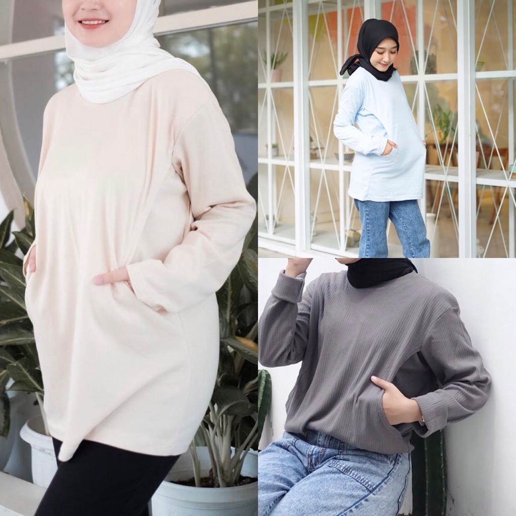 BUNA - Kaos Busui Panjang Bukaan Kanan Kiri Atasan Casual Bahan Knit Rib Wafer Wafel Baby Terry Cotton Spandek Rayon Menyusui Nursing Wear Nursingwear Eriel