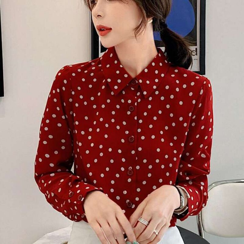 Kemeja polkadot wanita / kemeja wanita lengan panjang motif polkadot