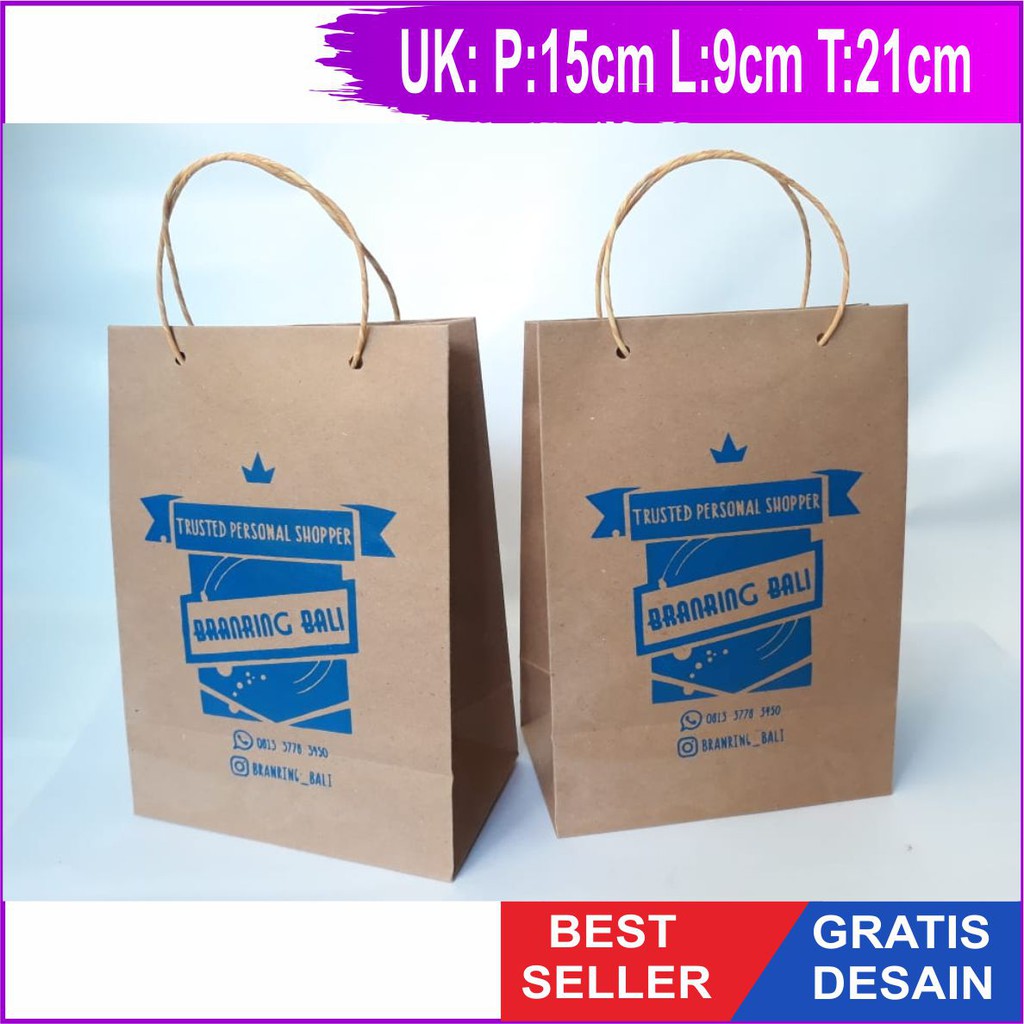 Paper Bag Custom tas kertas 15X9X21 Kraft coklat cocok untuk wadah