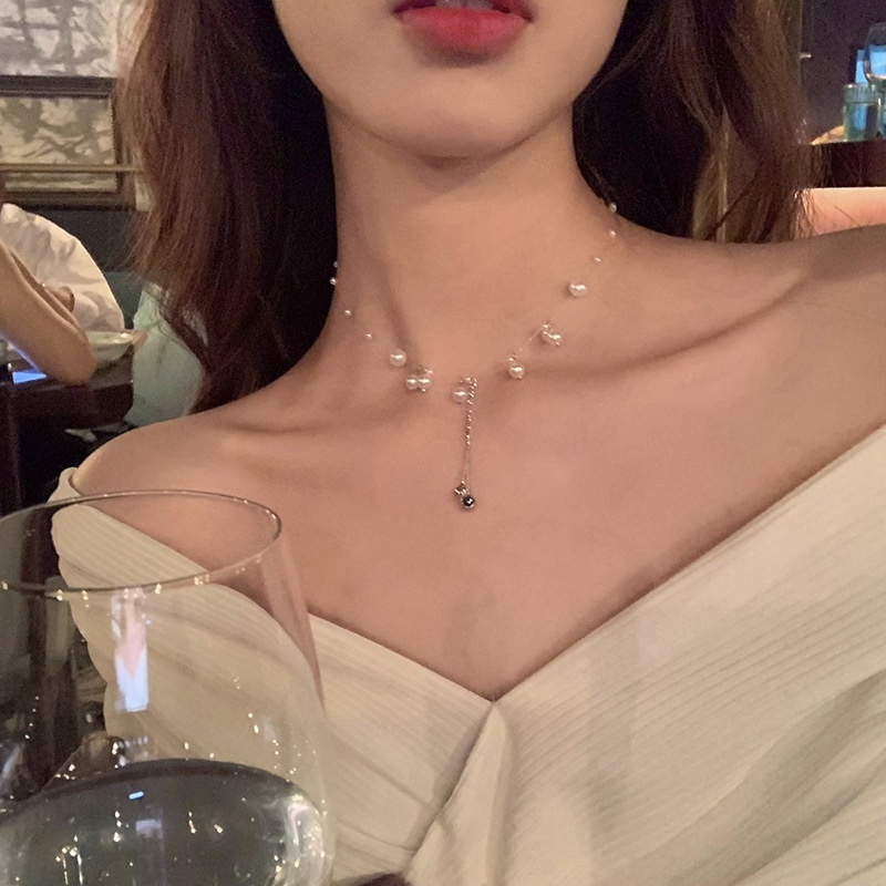 Kalung Choker Rantai Klavikula Hias Liontin Mutiara Kristal Gaya Korea