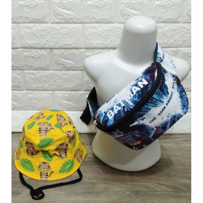 NEW ARRIVAL Bucket kartun anak 2in1 Topi Hat taly laki-laki dan waistbag batman