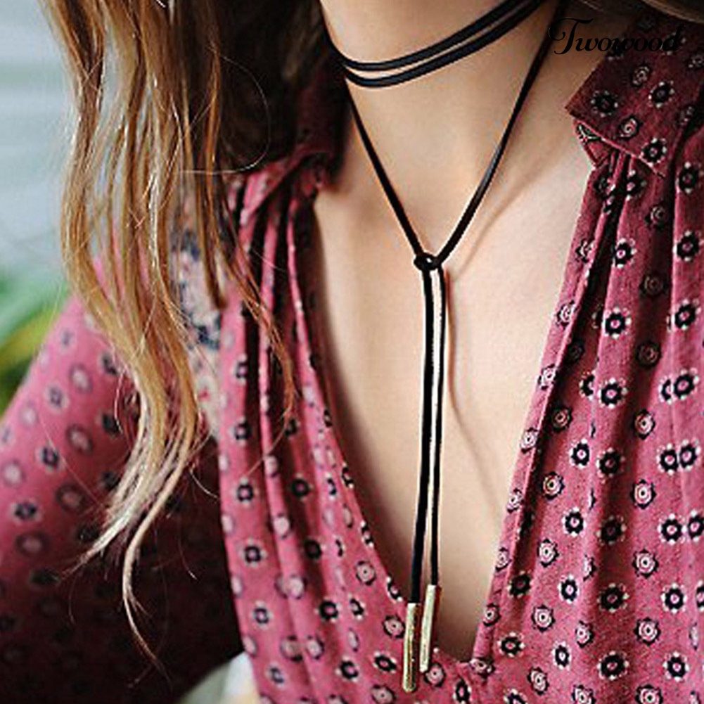 Kalung Choker Bahan Kulit Imitasi Warna Hitam Gaya Boho Untuk Wanita