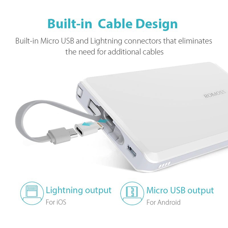 POWER BANK ROMOSS QS05 POWERBANK 5000 MAH POWERBANK KABEL MICRO ADAPTER LIGHTNING