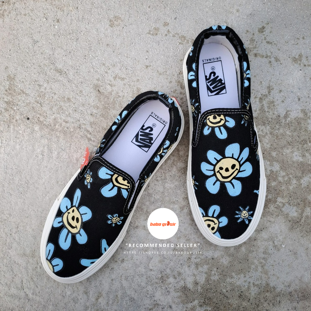 PROMO Sepatu Vans Slip On Trippy Grin Floral Black Yellow Premium Import Quality, Harga Termurah, Kualitas Terbaik