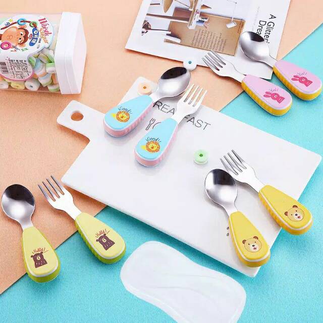 Sendok Garpu Anak Bayi Sendok Makan Baby Stainless Spoon Fork Motif Animal Cutlery Set Anak Kotak Sendok Case