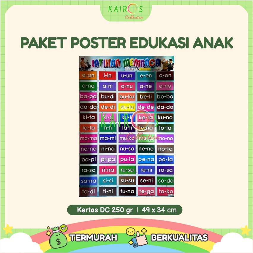 Paket 10 Pcs Poster Anak Edukasi Belajar Huruf Abjad, Buah, Angka, Hewan Binatang, Sayur, Kendaraan Transportasi