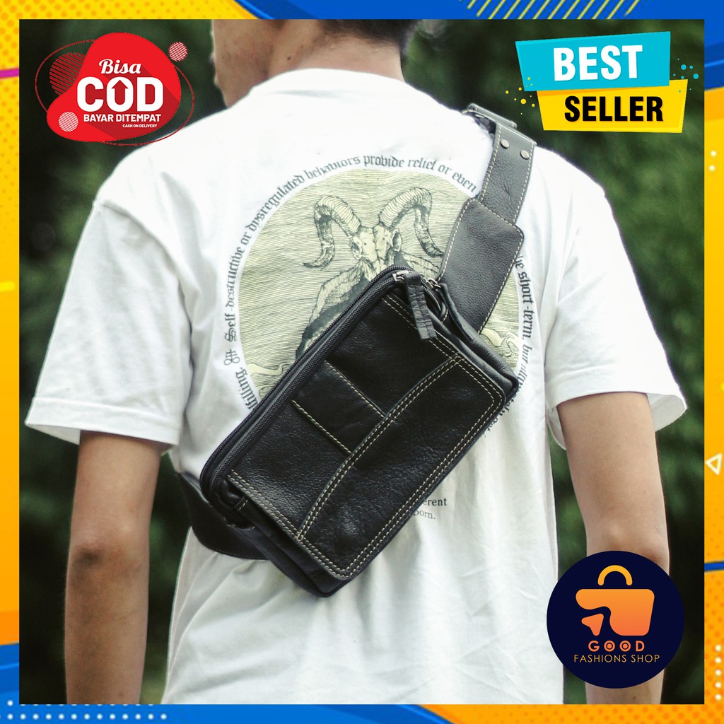 Tas Slempang Pria Wanita Kulit Asli Original Garut Sapi Murah Warna Hitam
