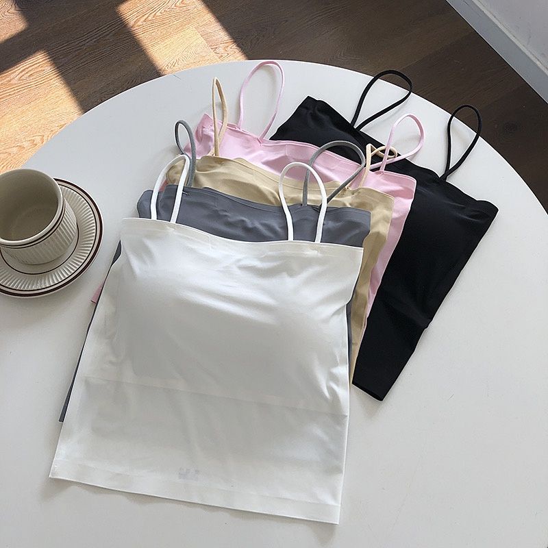 Tanktop Bra Seamless Silk Tali Spageti Tanpa Kawat Dengan Cup/Busa