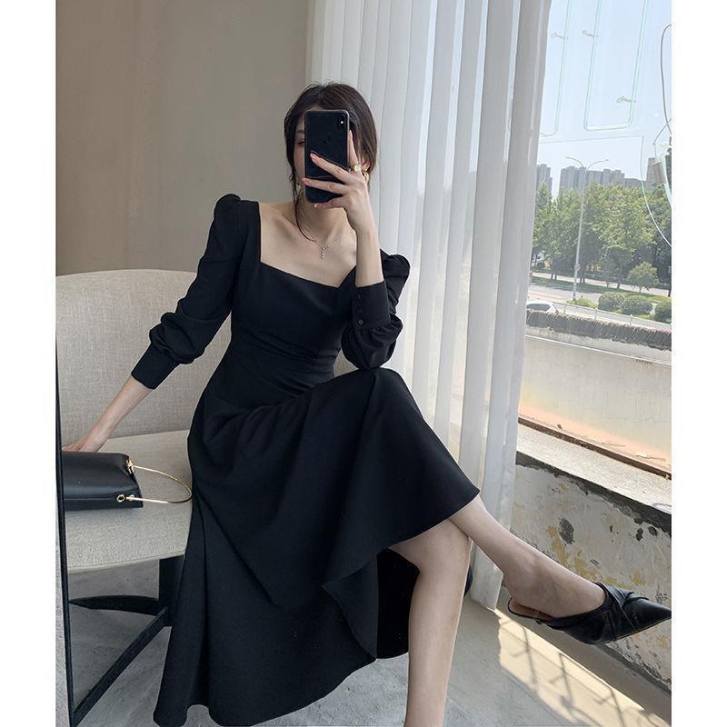 Korean Style Long Dress/dress Hitam Lengan Panjang/vintage Dress