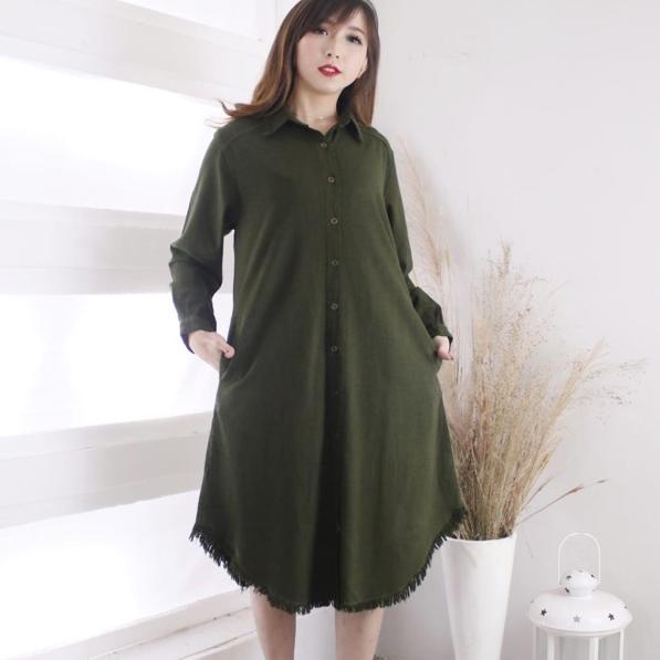 [Art. 4453] VOUZY || Long Dress bahan soft jeans Warna Hijau Army || TUNIK WANITA LENGAN PANJANG JUM