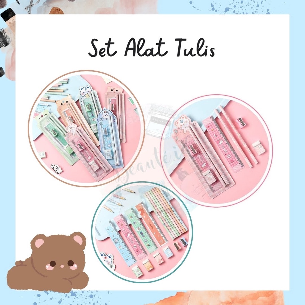 Set Alat Tulis Anak Lucu Isi Pensil Penggaris Rautan Penghapus Untuk Sekolah Belajar Motif Kucing Bear Stationary SetSouvenir Ulang Tahun Anak