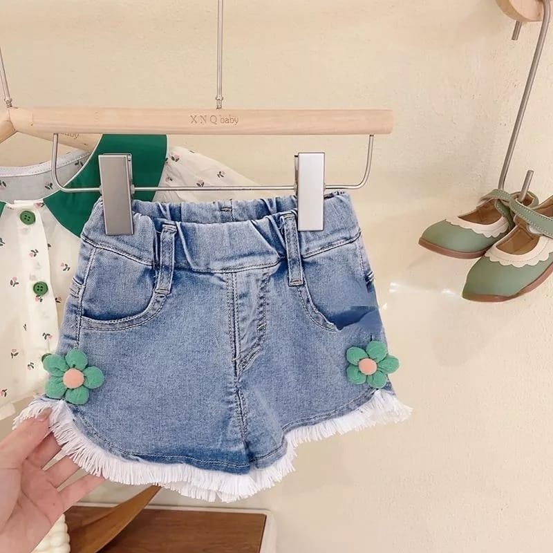 (LOLI-JKT) BS-255 SET ANAK CEWEK KERAH FLORET 2 WARNA + CELANA DENIM SIZE 100-140