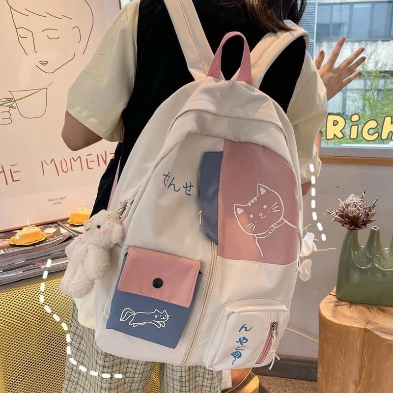 Diobrale - Tas Ransel Anak Remaja Wanita Motif Kucing Karakter Sekolah SD SMP Kekinian Terbaru 2024