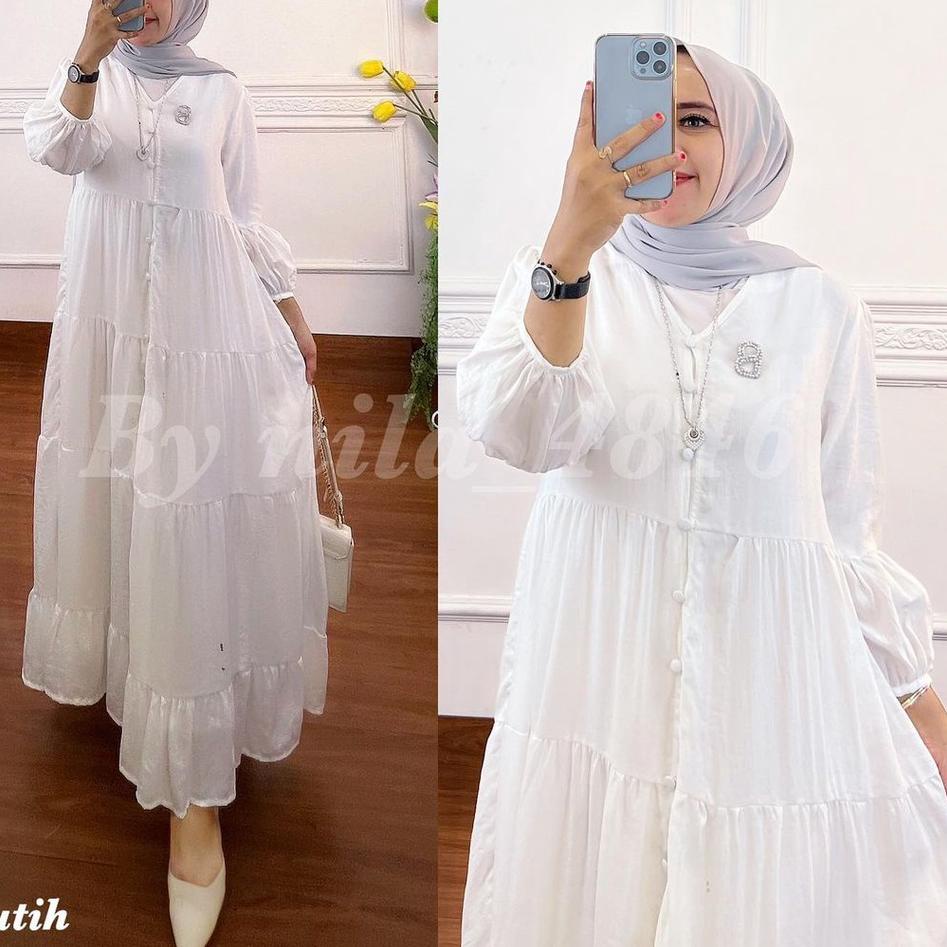 오 Gamis Midi Dress  Baju Dress Wanita Muslim Long Dress Jumbo XL, XXL, XXXL Dress Putih Mini Dress R