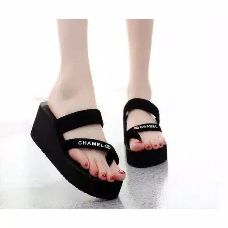 wedges webing chamel sandal wedges wanita sandal spon cewek murah sandal tali wanita