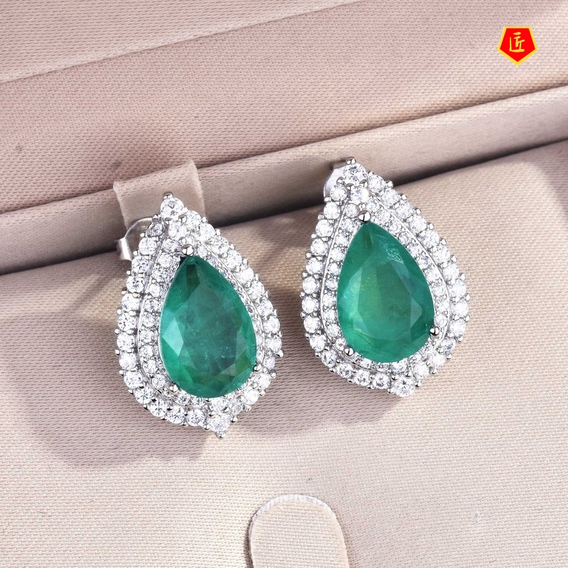 [Ready Stock]Luxury Emerald Pendant Necklace Ear Stud Set