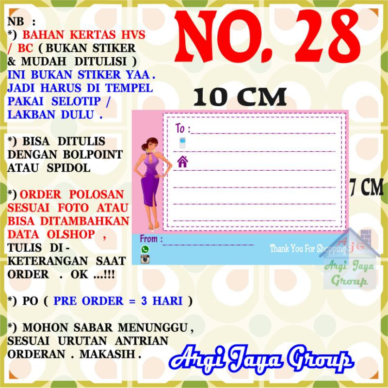 

Label Pengiriman Alamat Olshop Murah Nomer 28 - 10x7cm - Kertas BC (Manila)