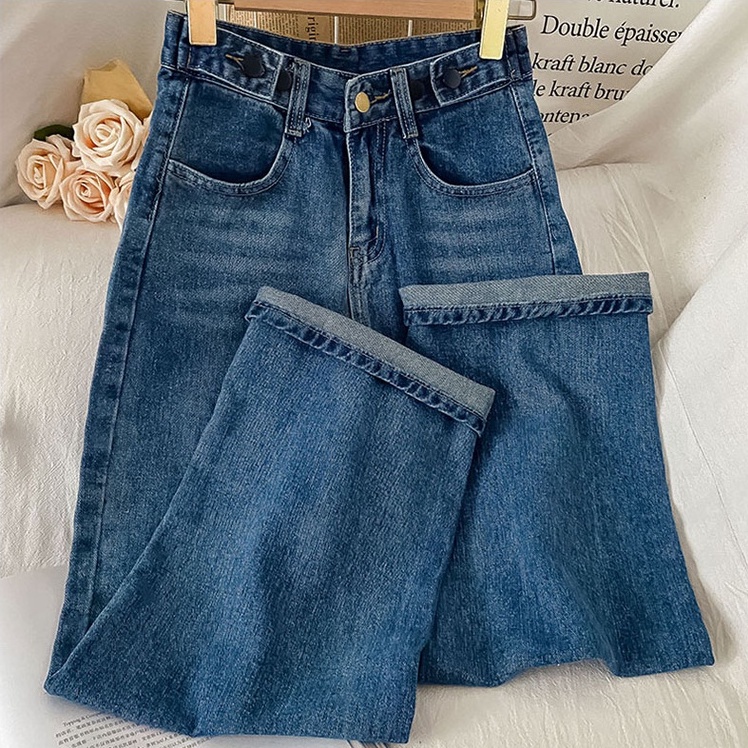 korean style biru laut vintage loose straight high waist celana jeans wanita(gambar fisik)