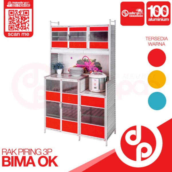 Promo LEMARI  RAK PIRING 3 PINTU BIMA OK BINA KARYA - FREE ONGKIR [ODENPAN] - Merah Diskon