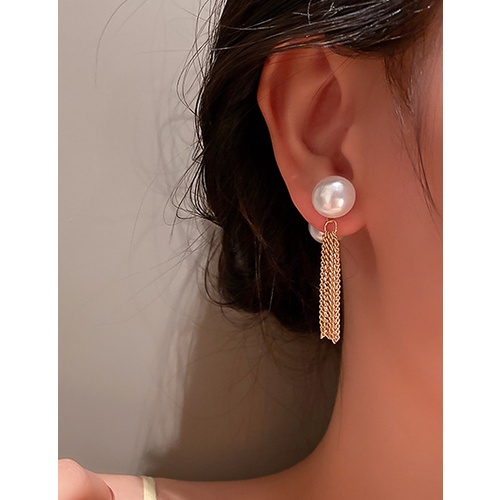 LRC Anting Tusuk Fashion Gold Color Pearl Tassel Stud W74738