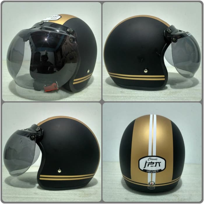 Helm BOGO JPN motif classic Retro hitam gold doff + kaca bogo original
