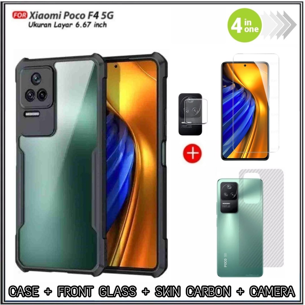 PAKET 4IN1 Case Xiaomi Poco F4 5G Hard Soft Fusion Armor Shockprooft TPU HD Trasnparan Acrylic Casing HP Cover Dan Garskin + Tempered Glass + Camera DI ROMAN ACC