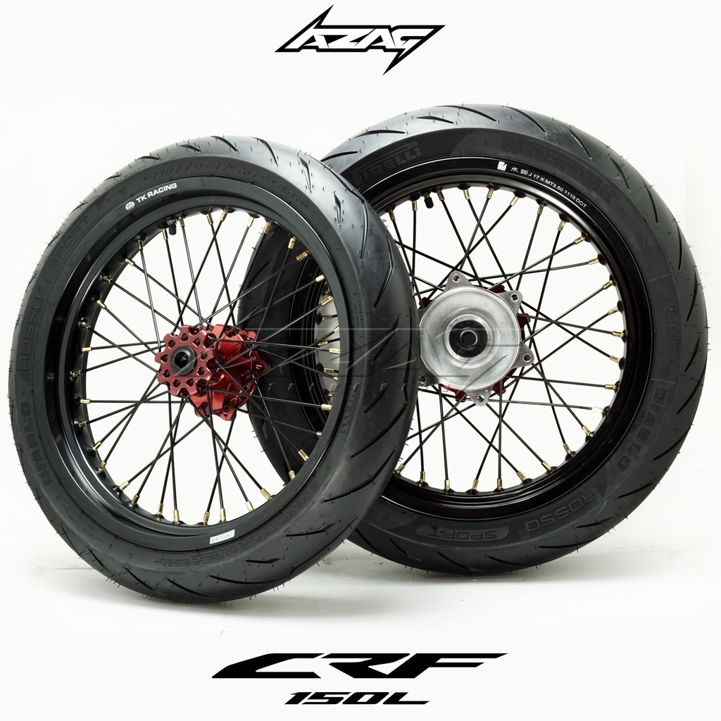 BAN SET SUPERMOTO CRF 150L VELG TK RACING BAN PIRELLI DIABLO ROSSO