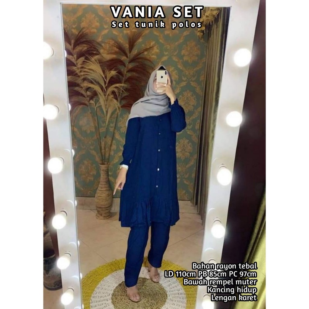 Vania One Set Wanita Tunik Rayon Premium Setelan Wanita Lengan Panjang Set Celana Rempel Kekinian LD 110 cm
