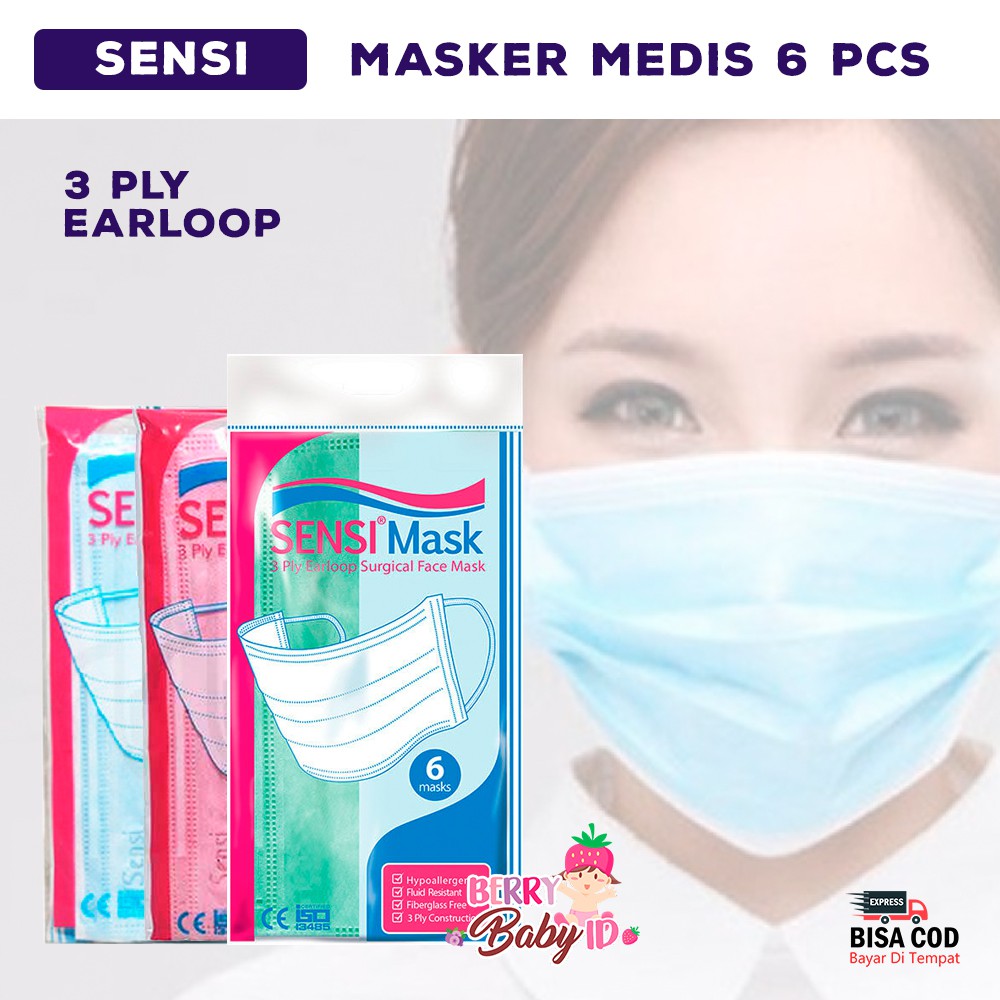 Sensi Surgical Face Mask Earloop 3 Ply Masker Medis isi 6 pcs Berry Mart