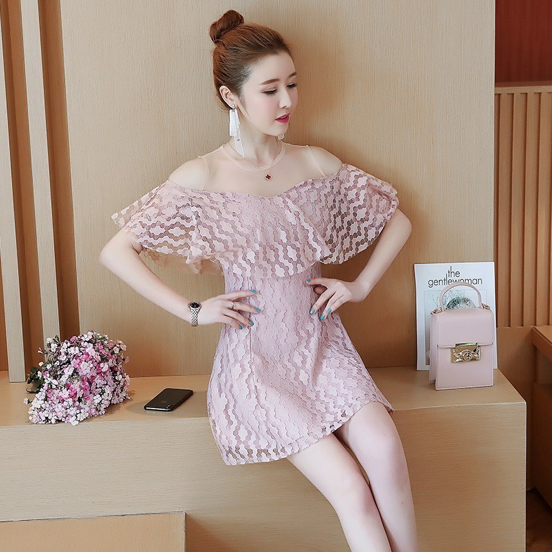 Dress Midi Model Off Shoulder A-Line Bahan Lace Mesh Gaya Korea Casual untuk Wanita